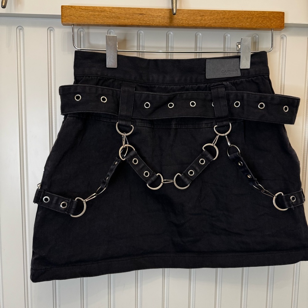 Carmar Black Denim Grunge Skirt W/ Zipper, Chain & Grommet Detail Whimsy Goth 8 - Picture 7 of 8